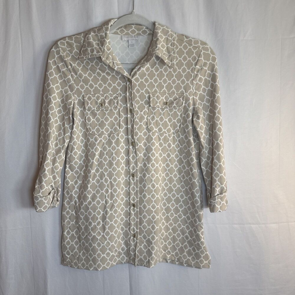 Women’s Charter Club Tan White Print 3/4 Sleeve Blouse Size Small Preowned